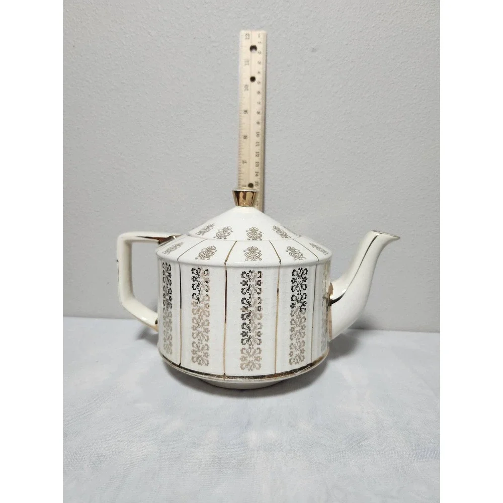 Vintage Sadler Staffordshire England Teapot Gold Gilt Filigree Cream 3094
